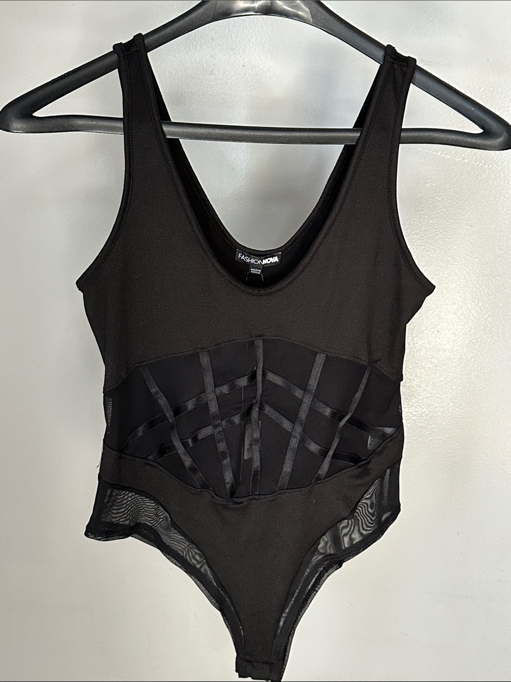 Fashion Nova Black Mesh Panel Bodysuit with Satin Straps